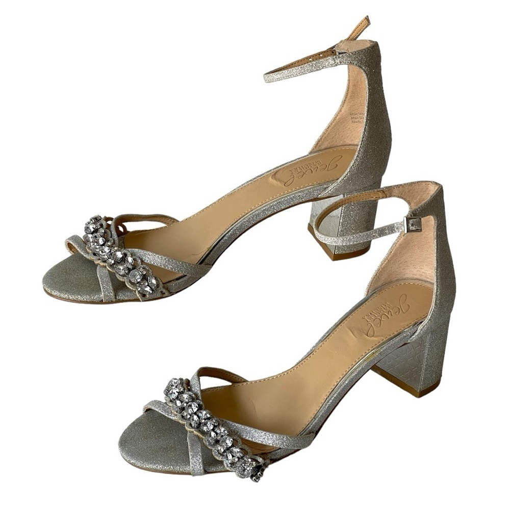 Jewel Badgley Mischka Silver Crystal Rhinestone Heels Sandals Bridesmaid Prom, 7